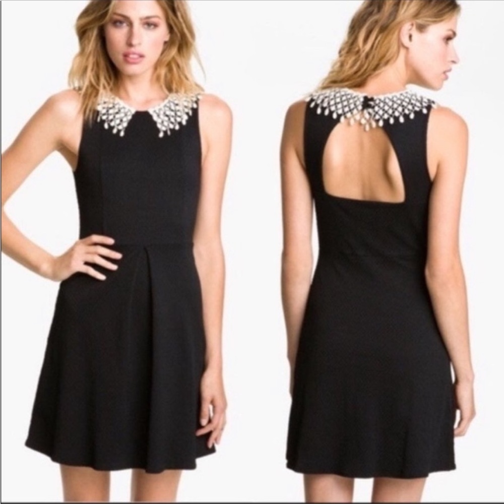 FREE PEOPLE Black Waffle Knit Laced Collar Open Back Dress S